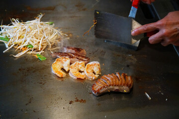 Traditional Japanese. Teppan show. cuisine peoples of world concept