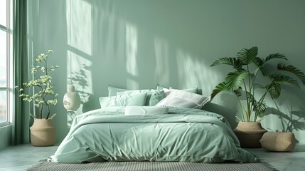 A minimalist bedroom featuring a calming green color scheme, with simple furniture and decor creating a serene atmosphere. The image offers ample copy space for customization.