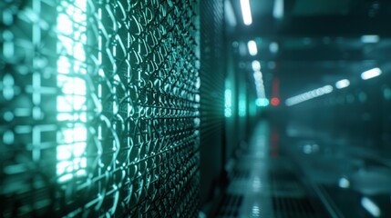 Abstract digital code flowing on a wall in a futuristic server room. Green glowing light illuminates the space.