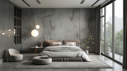 A modern gray bedroom with a clean, minimalist aesthetic, offering a peaceful setting and abundant copy space.