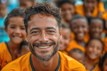 Fototapeta premium Smiling Multiethnic Male Coach and Group of Happy Boys Celebrating Victory on Sports Field 