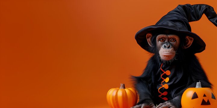 Funny monkey wizard on an orange background. Wild animal and Halloween celebration concept. Studio portrait for wallpaper, poster, banner with copy space