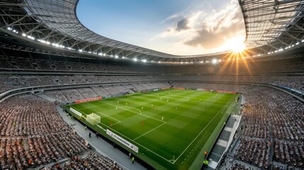 A panoramic view of a modern, fully packed stadium during a soccer match at sunset with spectators enjoying the game.