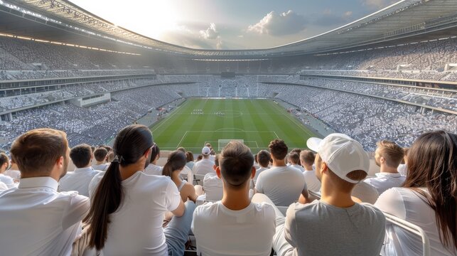 A large crowd of fans, dressed in white, gather inside a modern stadium to watch a soccer match on a sunny day.