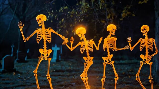 glowing skeletons dance stand in a graveyard at night, illuminated by a flickering fire in the background. Halloween party