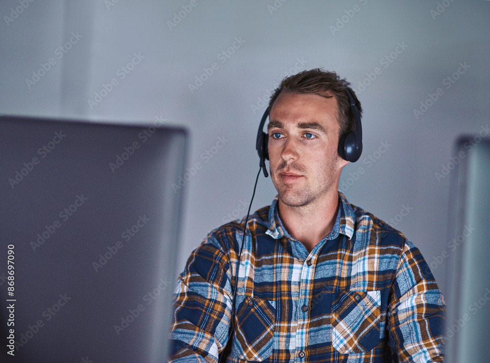 Poster man, working and headset in call centre office, business and inbound calls with customer service for