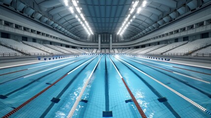 Spacious indoor swimming pool with clear blue water and lane dividers, under bright lighting in a modern, empty sports facility.