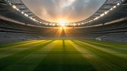 Sun setting over a large, empty sports stadium with illuminated seating and green field, capturing a beautiful and serene atmosphere.