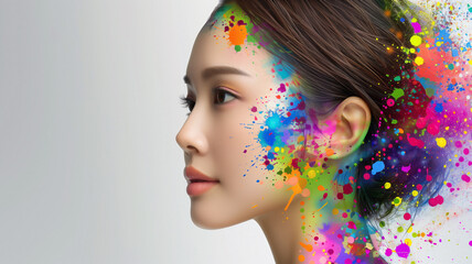 A close-up of a side face of an Asian woman's face with colorful paint splattered artistically across her features