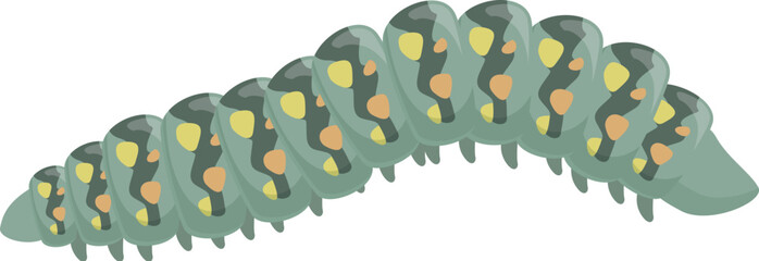 Green caterpillar with yellow and orange spots crawling on a white background