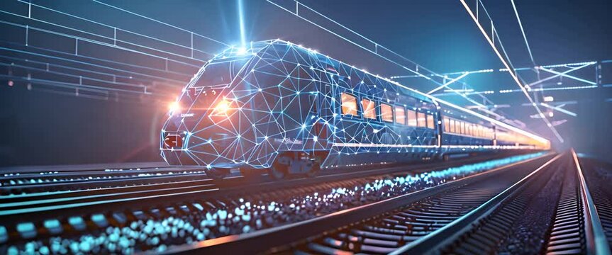 Abstract polygonal wireframe modern train on the railway, blue glowing lines and dots connection structure with motion effect for transportation technology concept backgroud