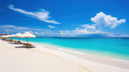 Long stretch of white sandy beach with turquoise waters, dotted with colorful umbrellas and beachgoers enjoying the sun