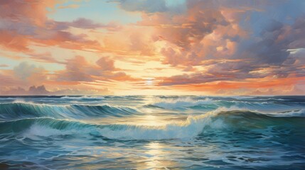 Obraz premium Long stretch of a pristine beach at sunrise, the sky and water a canvas of soft blues and oranges