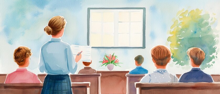 A dynamic watercolor of a substitute teacher engaging the class, Varied tones, Enthusiastic