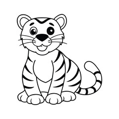 Cartoon funny little tiger sitting line art vector
