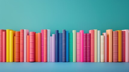 A sleek bookshelf showcasing a rainbow of books, arranged in a minimalist style to create a visually appealing and organized look. The image provides plenty of copy space for customization, ideal for