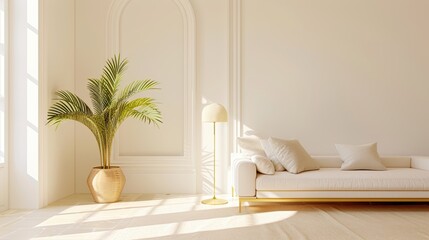 An elegant apartment interior with gold detailing, designed in a minimalist style with clean lines and uncluttered space. The image provides plenty of copy space for adding text or graphics.