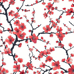 red and white patterned cherry blossom 