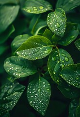 Fototapeta premium Dewdrops on Lush Green Leaves, Nature Wallpaper