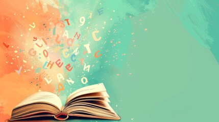 World Book Lovers Day. Horizontal banner. Letters above an open book. Free space for text. Day of knowledge, day of literacy. Back to school, education learning concept. National library Day