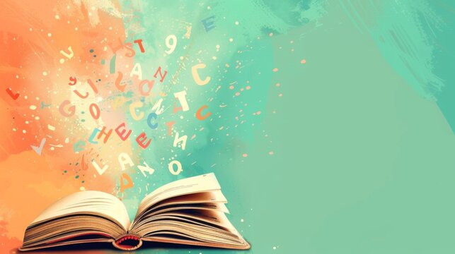 World Book Lovers Day. Horizontal banner. Letters above an open book. Free space for text. Day of knowledge, day of literacy. Back to school, education learning concept. National library Day - Powered by Adobe