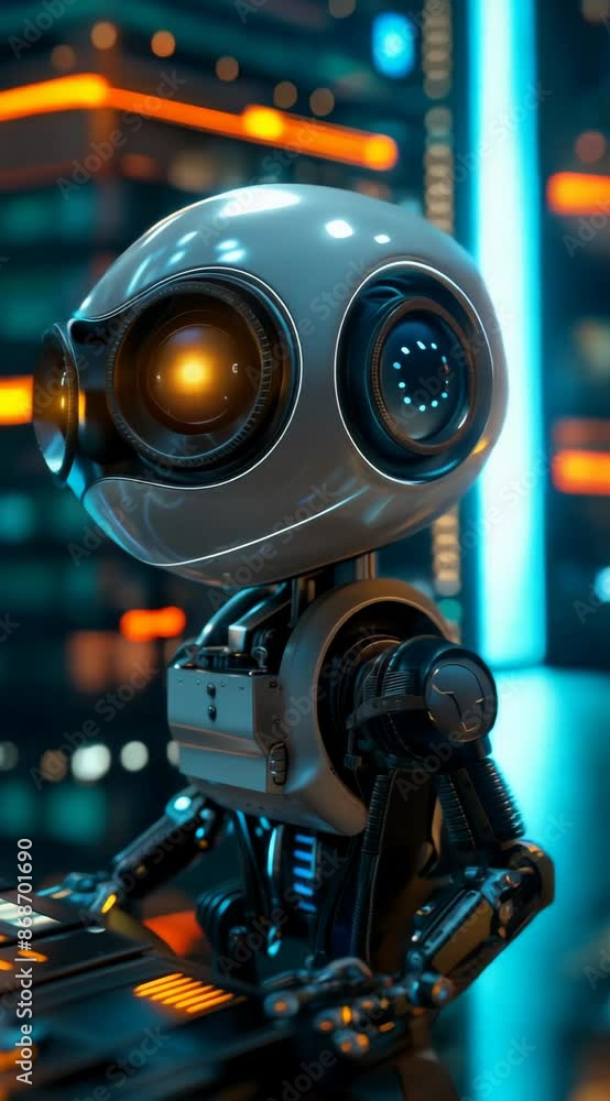 Poster a robot is sitting in front of a keyboard. the robot is white and has yellow eyes. the robot is in a