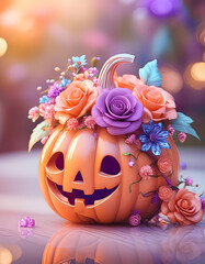 neon, k&uuml;rbis, 3d, mit, blumen, halloween, lampe, copy space, neu, party, einladung, karte, feiern, hintergrund, modern, orange, leuchtend, glow, vibrant, Farbe, y2k, lila, bokeh, kreativ, bohemian