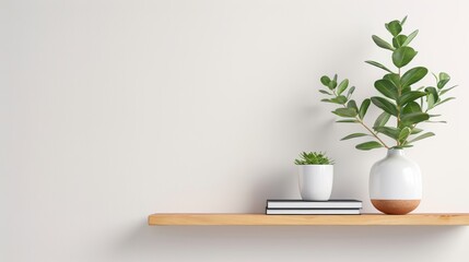 A minimalist brown bookshelf against a clean, white wall, offering ample copy space for text or graphics. The simple and elegant design highlights the beauty of minimalism.