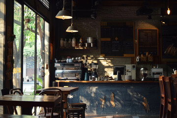 A cafe with a wooden bar and a chalkboard menu