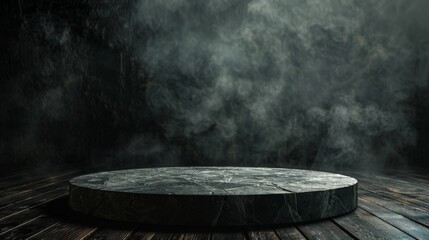 Fototapeta premium A mystical stone podium in dramatic light against a dark, smoky background, creating a mysterious scene