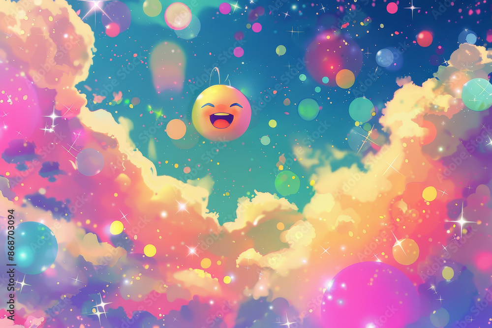 Poster a colorful space scene with a smiling face in the middle