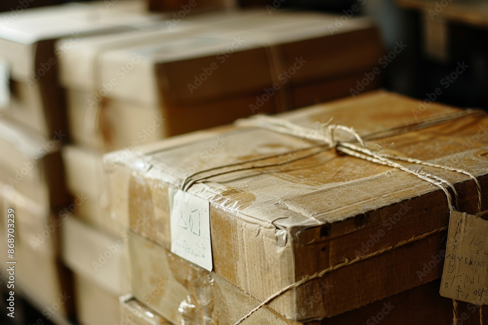 Poster a stack of cardboard boxes with a white label on the top of the box that says 