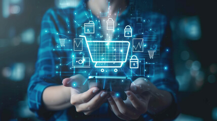 Fototapeta premium illustration of a hologram of a shopping cart in hands on the theme of e-commerce