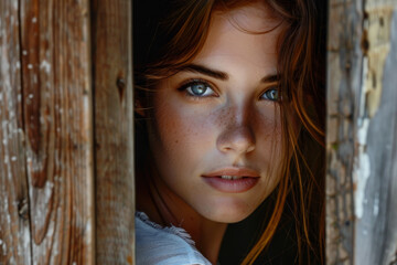 Fototapeta premium A woman with blue eyes and red hair is looking out of a window