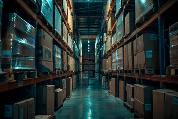 Fototapeta premium A warehouse with many boxes stacked on shelves