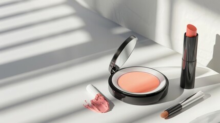 Pink Blush and Lipstick Makeup Set on White Surface With Light Streaks