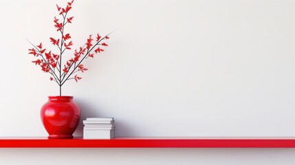Fototapeta premium A bold red bookshelf with a minimalist design, set against a clean, white wall with ample copy space for creative additions.