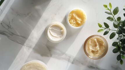 Close Up View of Four Jars of Cream on White Marble Surface With Sunlight and Greenery