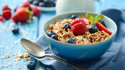 Start your day with a nutritious breakfast of muesli, fresh fruit, and milk. It's a great way to fuel your body with essential nutrients.