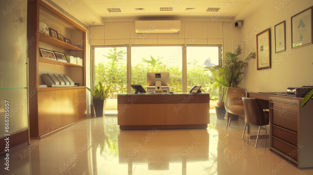Poster a large open office space with a desk and a computer