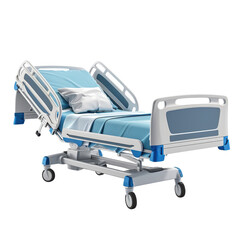 Modern adjustable hospital bed with blue mattress and pillows, isolated on a white background, ideal for medical and healthcare concepts.