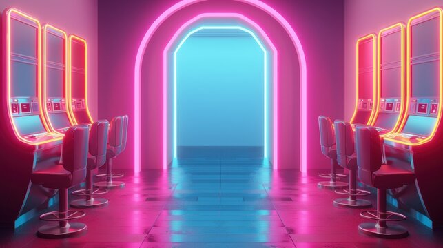 A stylish and minimalist casino interior featuring neon lights and slot machines, creating a futuristic and vibrant atmosphere. The image provides plenty of copy space for customization.