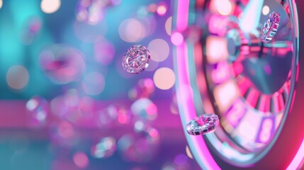 An abstract close-up of a casino slot machine, with the focus on the spinning reels and dynamic purple lights. The image offers plenty of copy space and conveys a sense of excitement and anticipation.