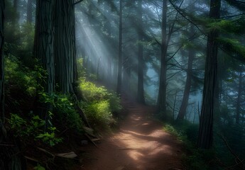 Fototapeta premium Sunbeams Through Foggy Redwood Forest Trail