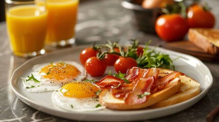 Start your day with a classic English breakfast, paired with a refreshing glass of freshly squeezed juice for a nutritious and energizing morning meal.