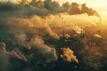 A city skyline is covered in smoke from a factory