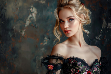 Fototapeta premium A woman in a black dress with flowers on it