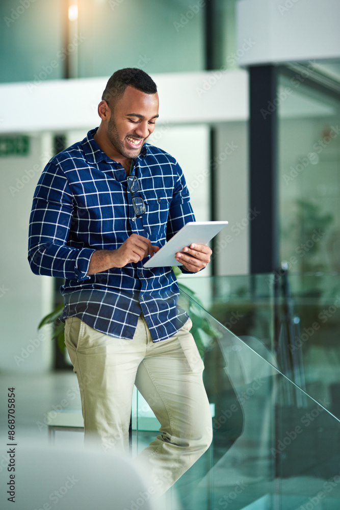 Poster Black man, research and tablet in office with smile for career, social media management for company. Male person, creative and happy with scroll for reading with web email, notification for post