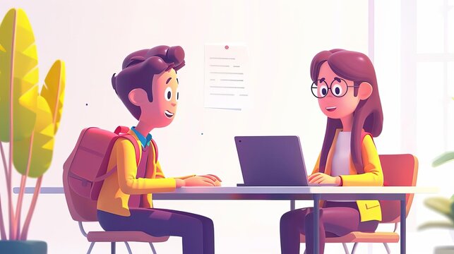 3D cartoon student sitting at a desk with a laptop, receiving online homework help from a friendly tutor, engaging and supportive