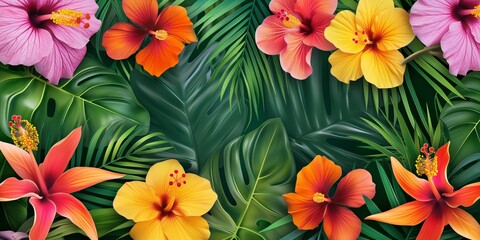 A lush botanical scene featuring a variety of tropical plants and flowers in a jungle setting.